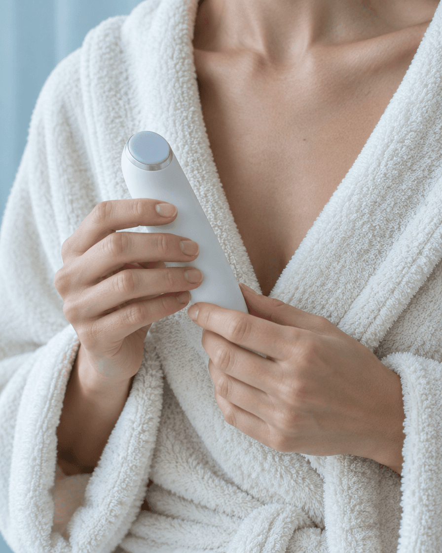 Hands holding a small white beauty device against a cream robe