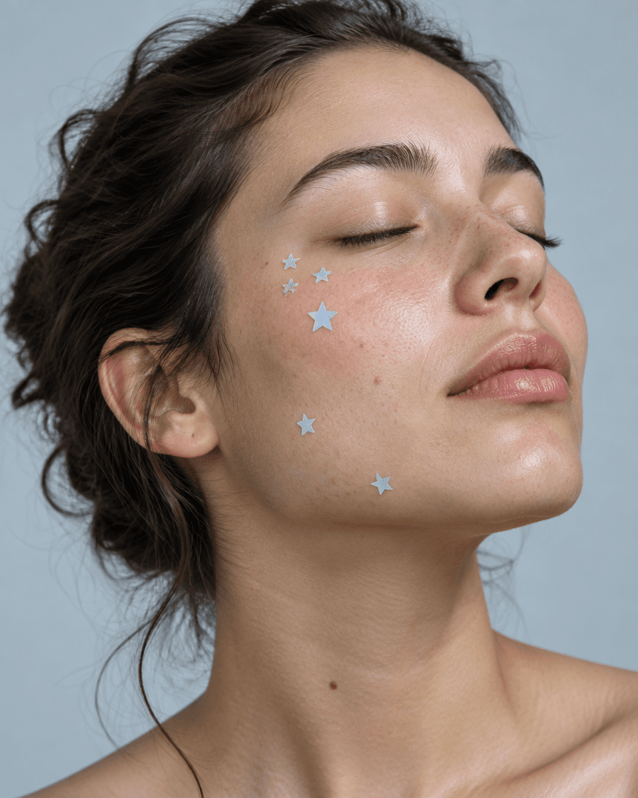 A woman with star-shaped blemish patches on her cheek, eyes closed