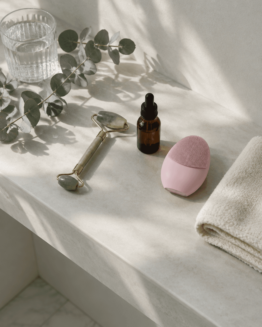 A jade roller, serum bottle and cleansing brush on a pale bathroom shelf in morning light